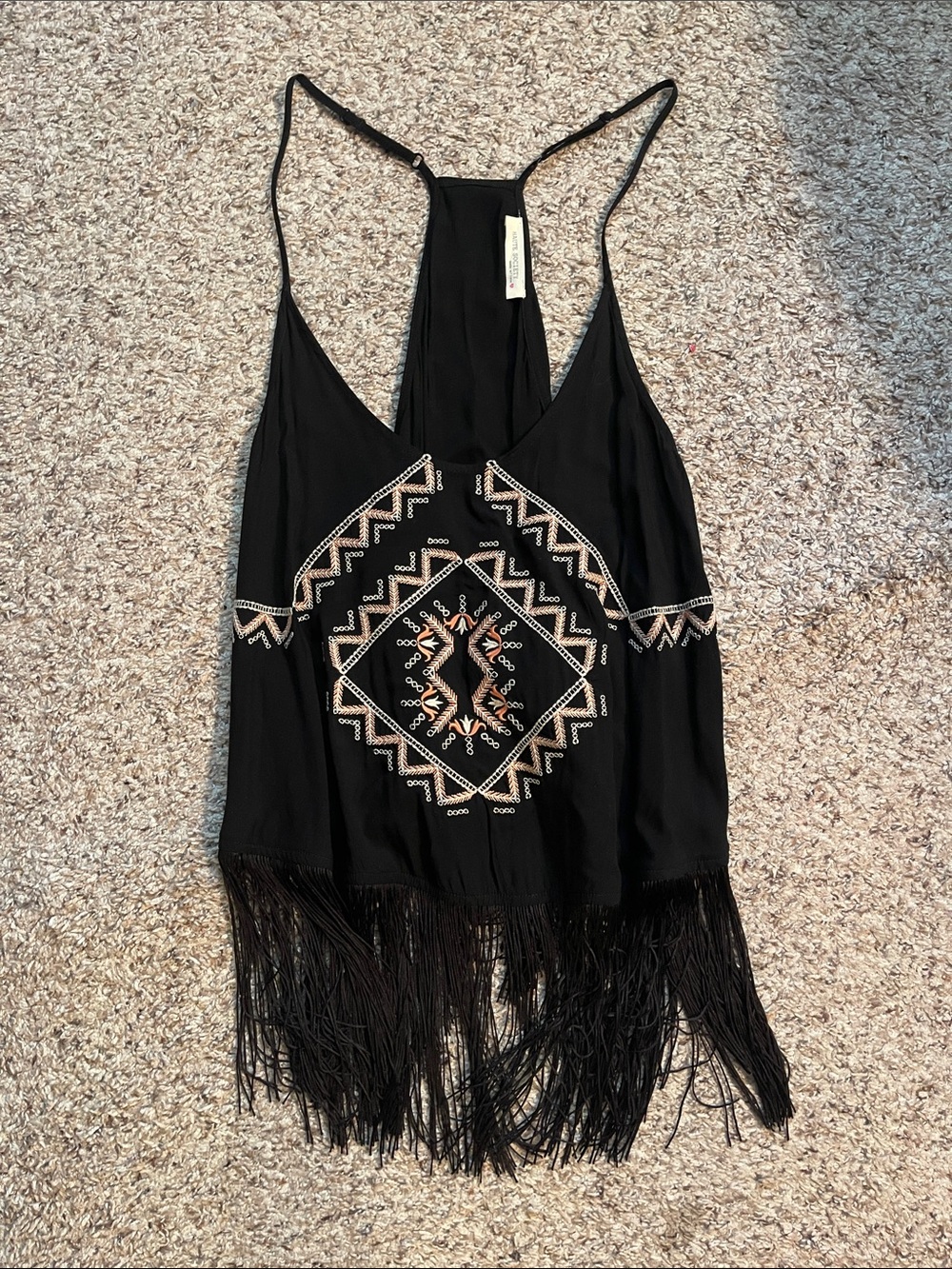 Haute Society Black Fringe Tank with Cream & Tan Embroidery